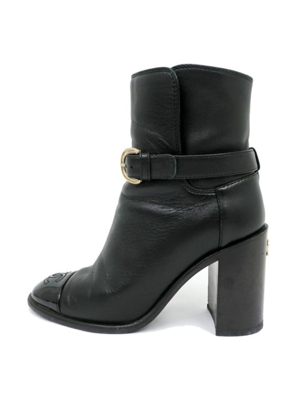 Chanel Ankle Boots C Black Leather Patent CC Mark Shoes 34.5